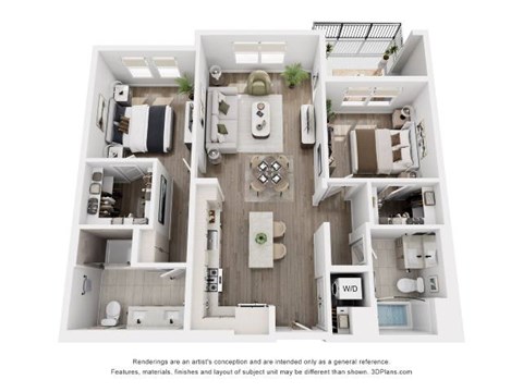 A 3D floor plan of a house with a living room, kitchen, dining room, and bathrooms.